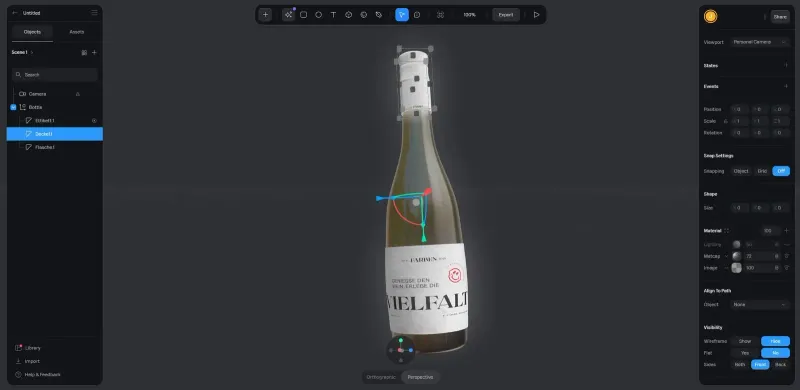 Screenshot vom Spline Interface von der 3D Flasche für die Alle Farben Wein Webseite
